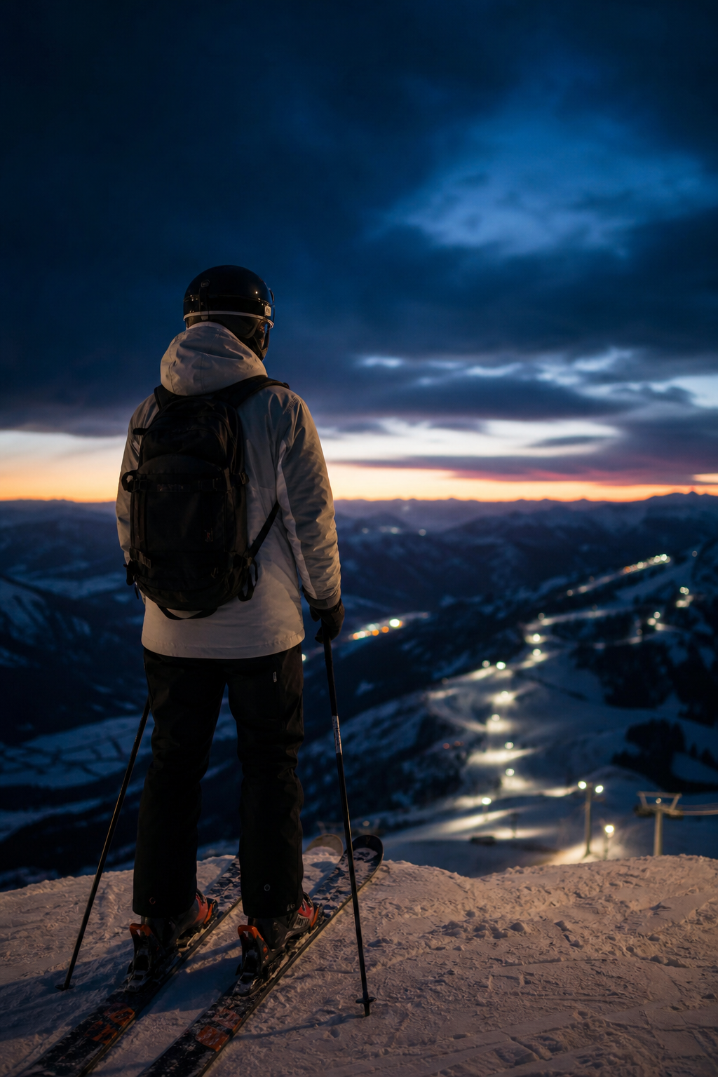 Skifahrer auf einem dunklen Höhenkamm